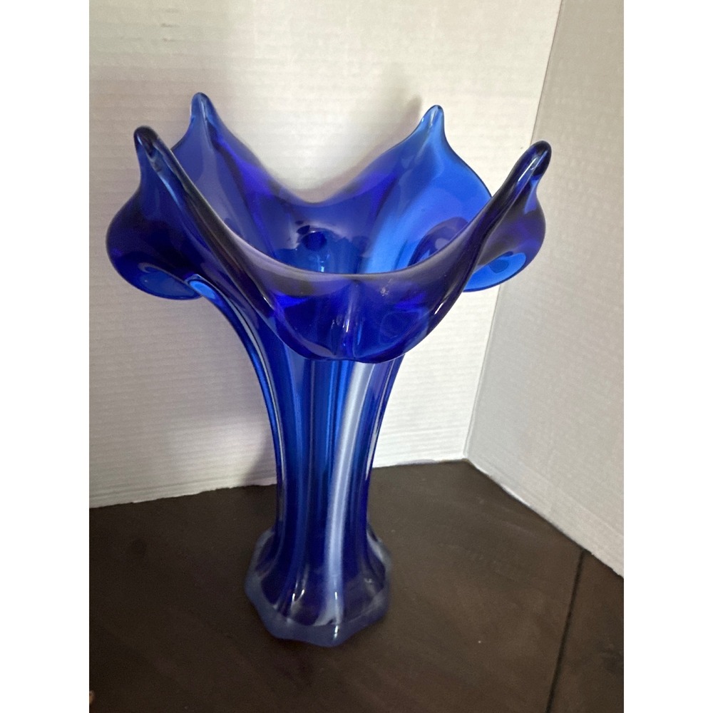 IRCA Cobalt Blue Art Glass Vase Jack in the Pulpit Flared Ruffle Made in Ukraine
